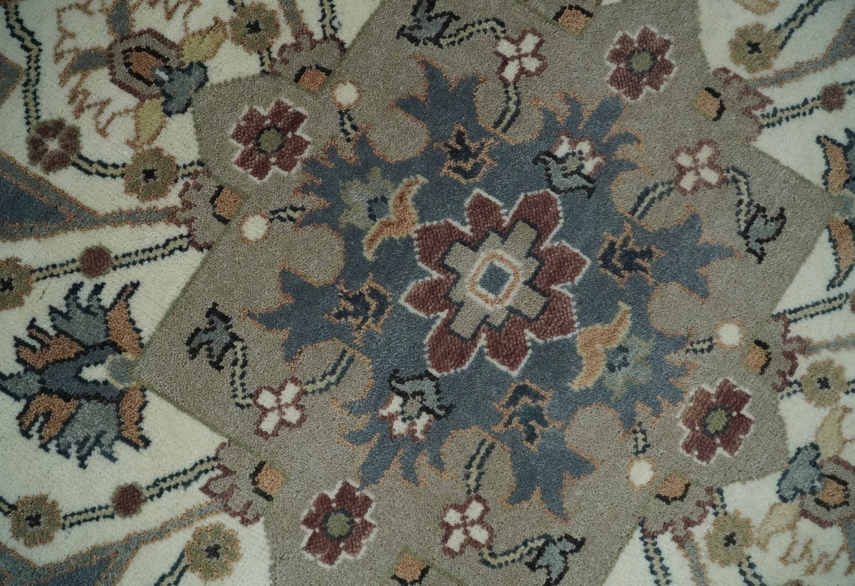 Custom Made Fine Knots Hand Knotted Ivory, Taupe and Olive Traditional Wool Rug