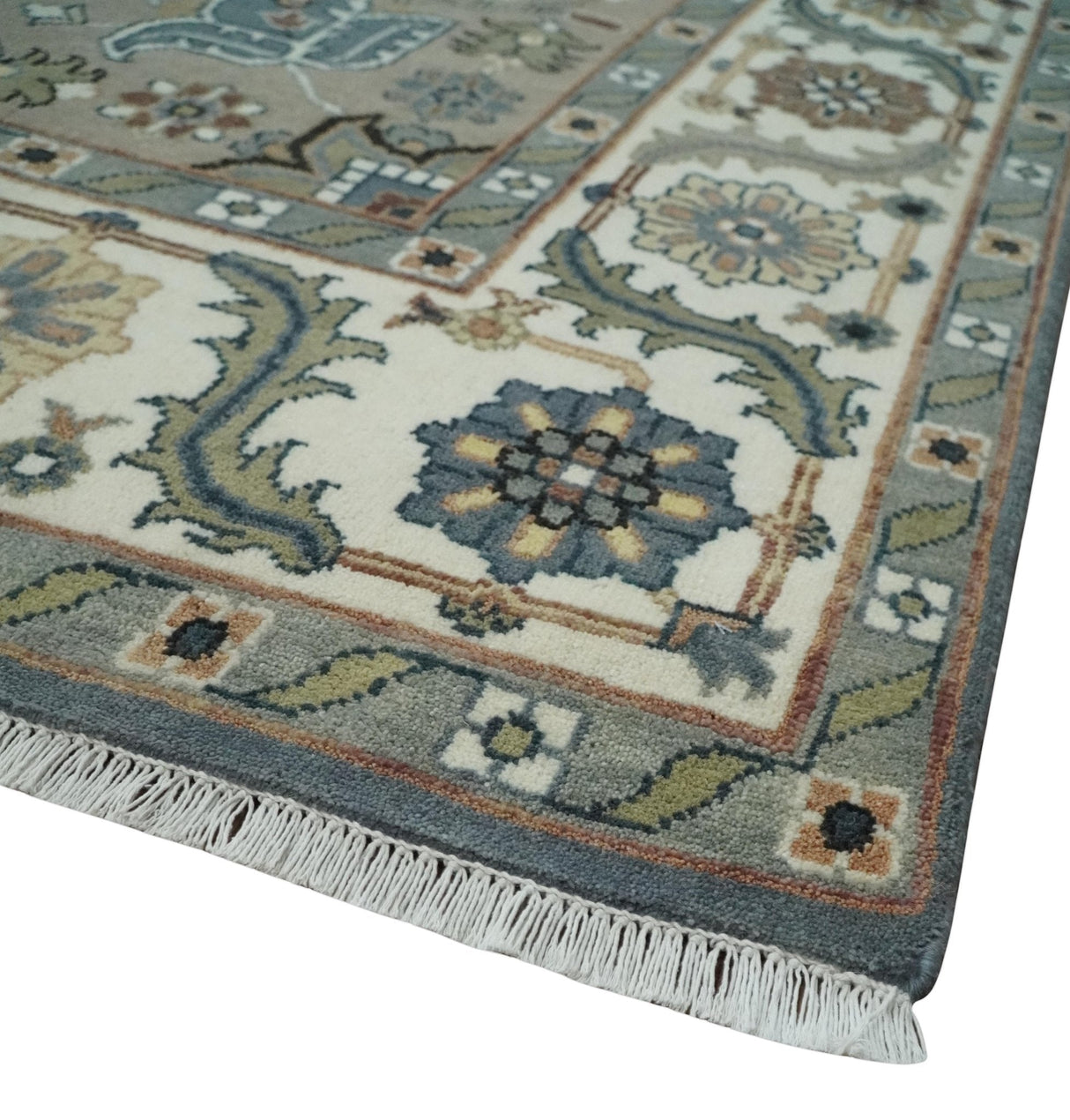 Custom Made Fine Knots Hand Knotted Ivory, Taupe and Olive Traditional Wool Rug