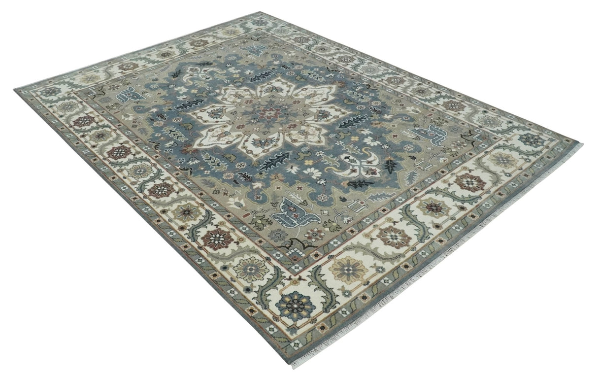 Custom Made Fine Knots Hand Knotted Ivory, Taupe and Olive Traditional Wool Rug