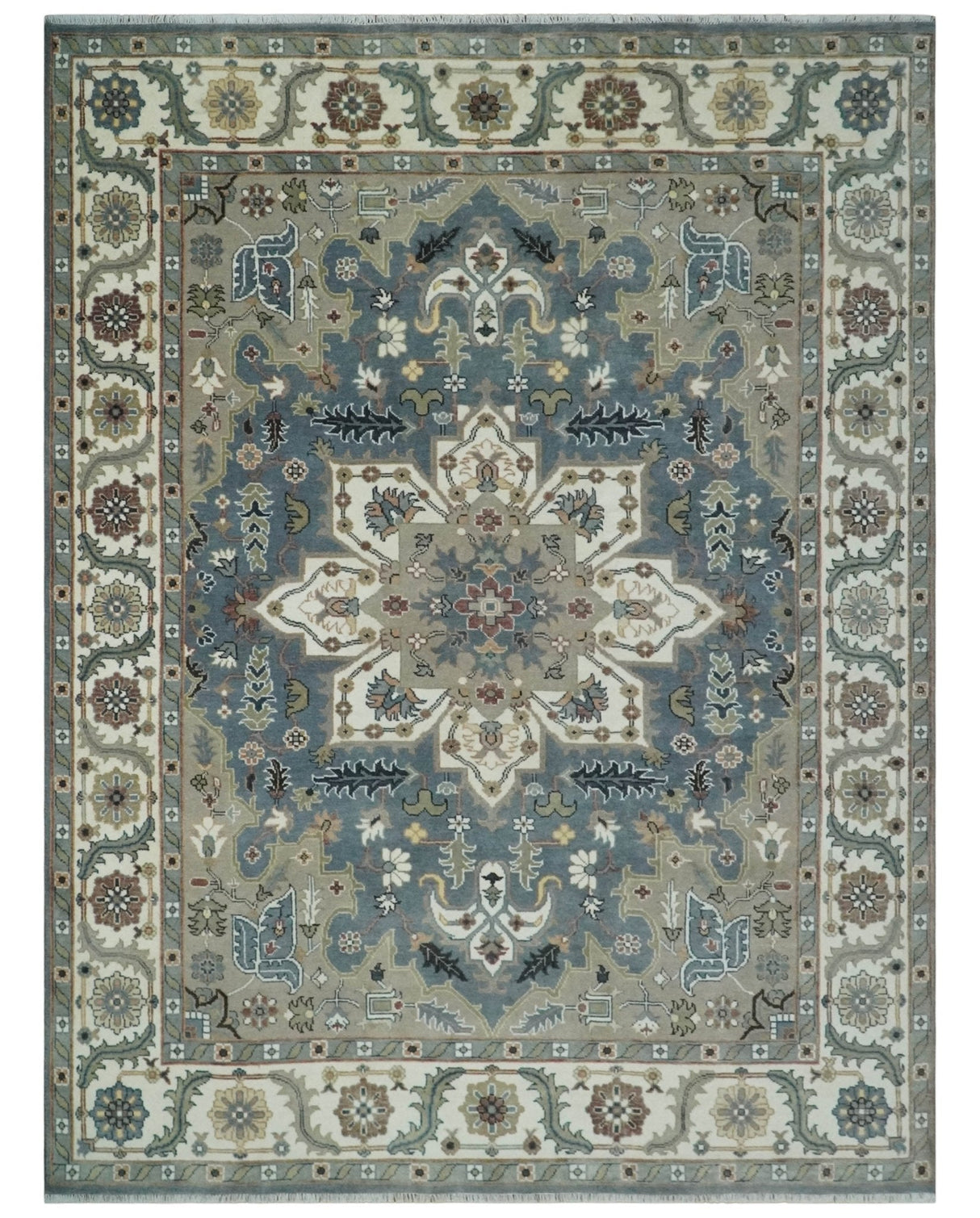 Custom Made Fine Knots Hand Knotted Ivory, Taupe and Olive Traditional Wool Rug
