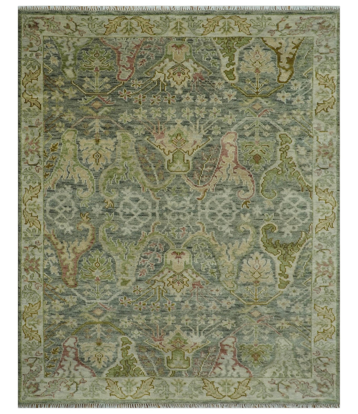 Custom Made Gray, Silver and Green Hand Knotted Traditional Large Design wool area rug