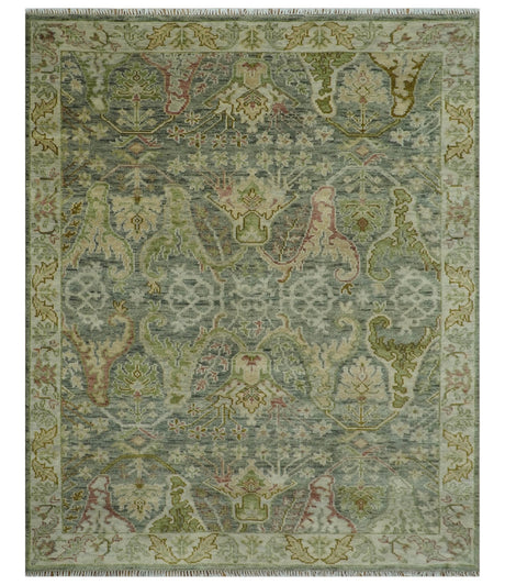 Custom Made Gray, Silver and Green Hand Knotted Traditional Large Design wool area rug