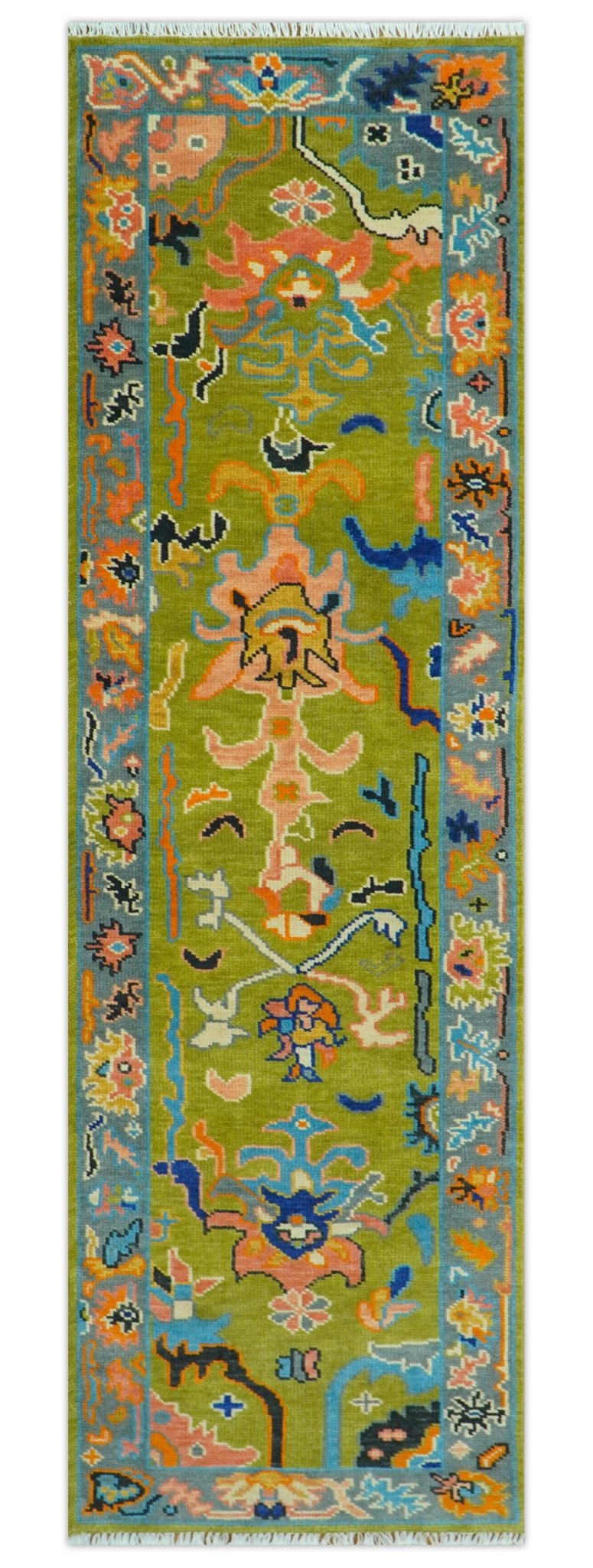 Custom Made Green, Gray and Peach Colorful Hand knotted Traditional Oushak wool Area Rug