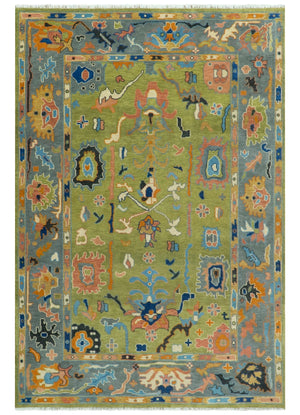Custom Made Green, Gray and Peach Colorful Hand knotted Traditional Oushak wool Area Rug
