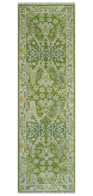 Custom Made Green and Ivory Traditional Dragon Oushak Design Hand knotted wool rug