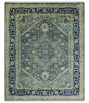 Custom Made Hand Knotted Antique Moss Gray Beige and Blue Traditional Heriz Serapi Wool Area Rug