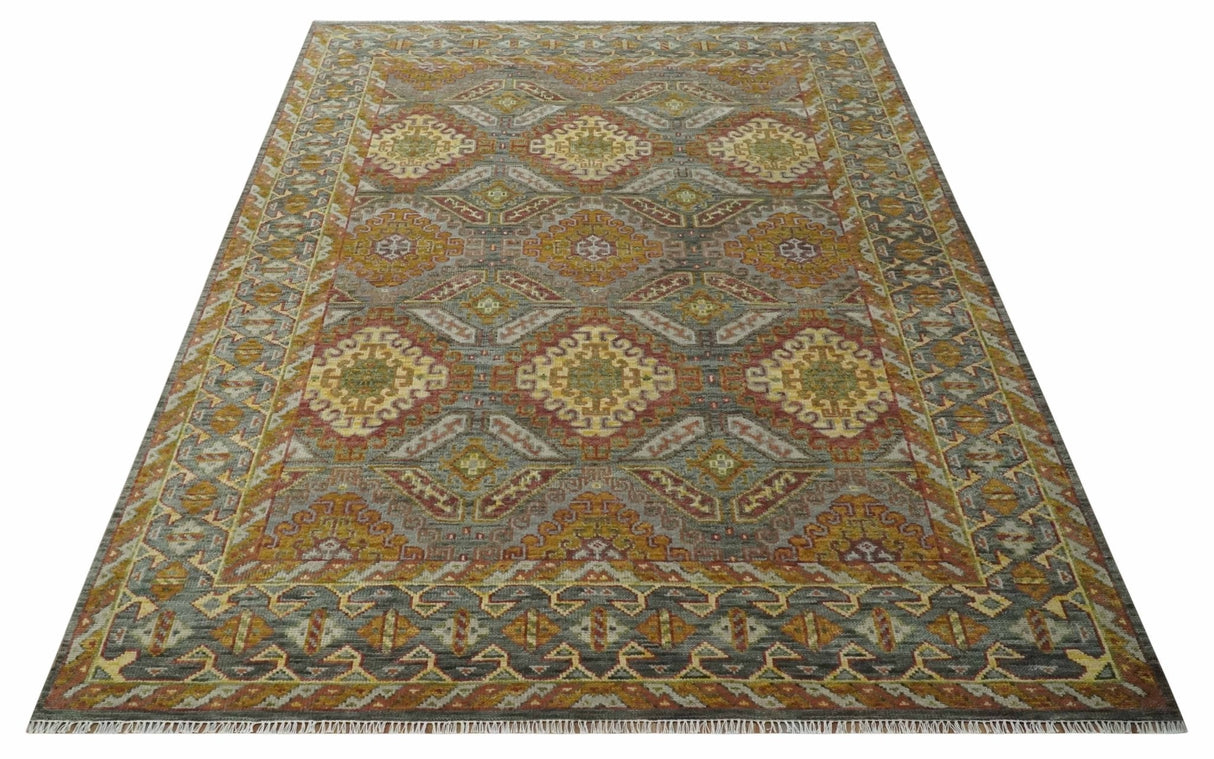 Custom Made Hand Knotted Gold and Gray Multi Size Oriental Traditional Wool Area Rug