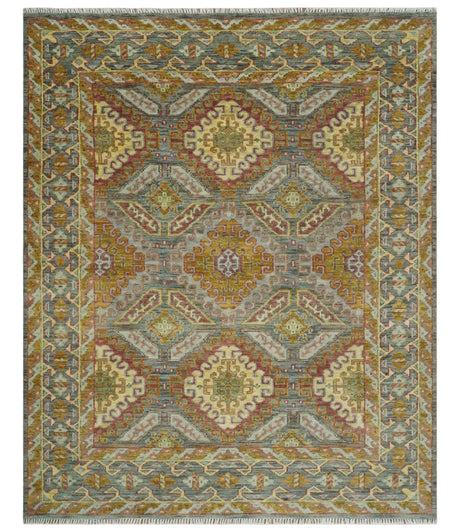 Custom Made Hand Knotted Gold and Gray Multi Size Oriental Traditional Wool Area Rug