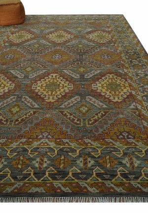 Custom Made Hand Knotted Gold and Gray Multi Size Oriental Traditional Wool Area Rug
