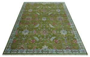 Custom Made Hand Knotted Green, Silver and Maroon Traditional Wool Area Rug