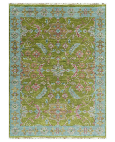 Custom Made Hand Knotted Green, Silver and Maroon Traditional Wool Area Rug