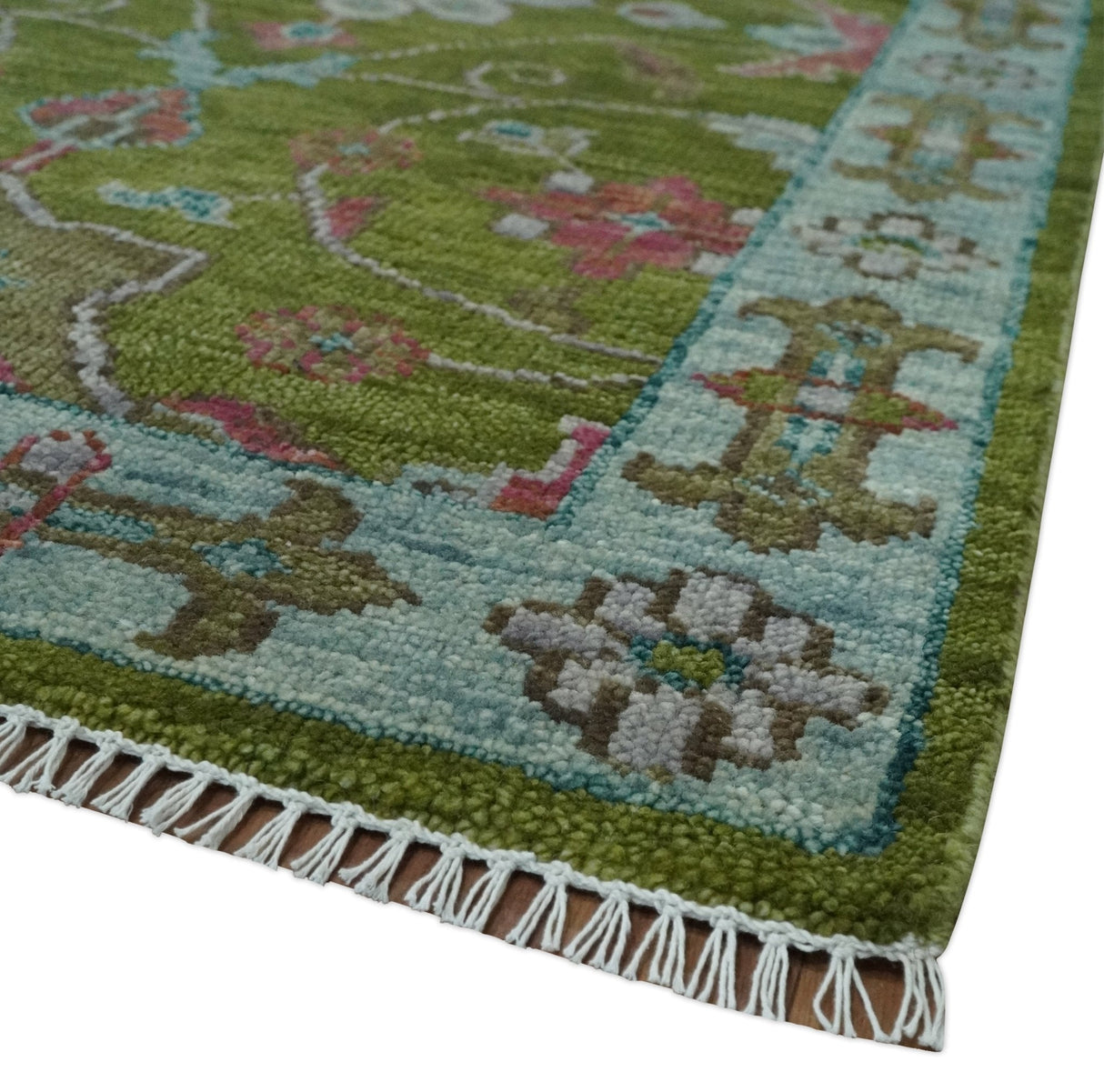 Custom Made Hand Knotted Green, Silver and Maroon Traditional Wool Area Rug