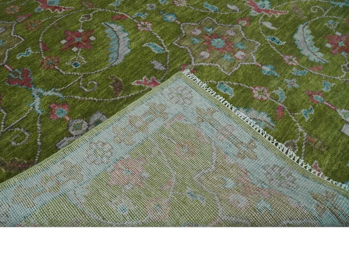 Custom Made Hand Knotted Green, Silver and Maroon Traditional Wool Area Rug