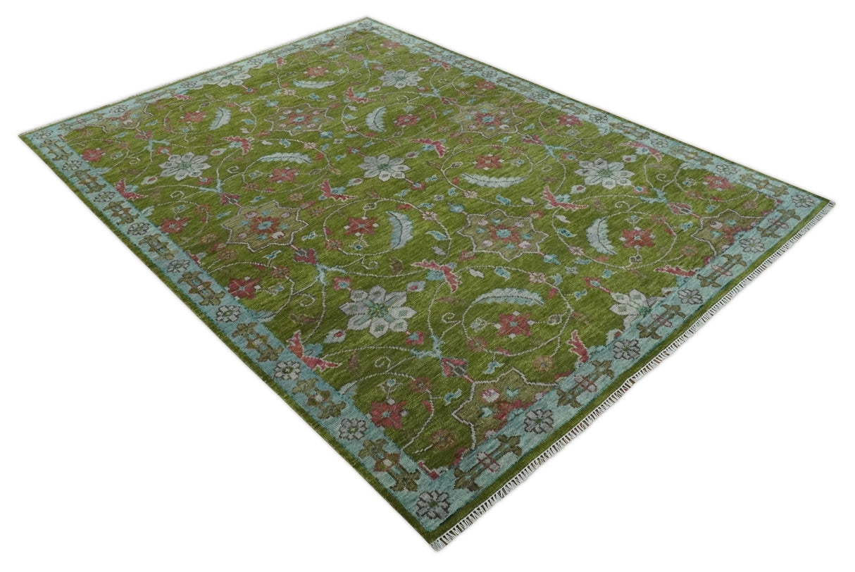 Custom Made Hand Knotted Green, Silver and Maroon Traditional Wool Area Rug