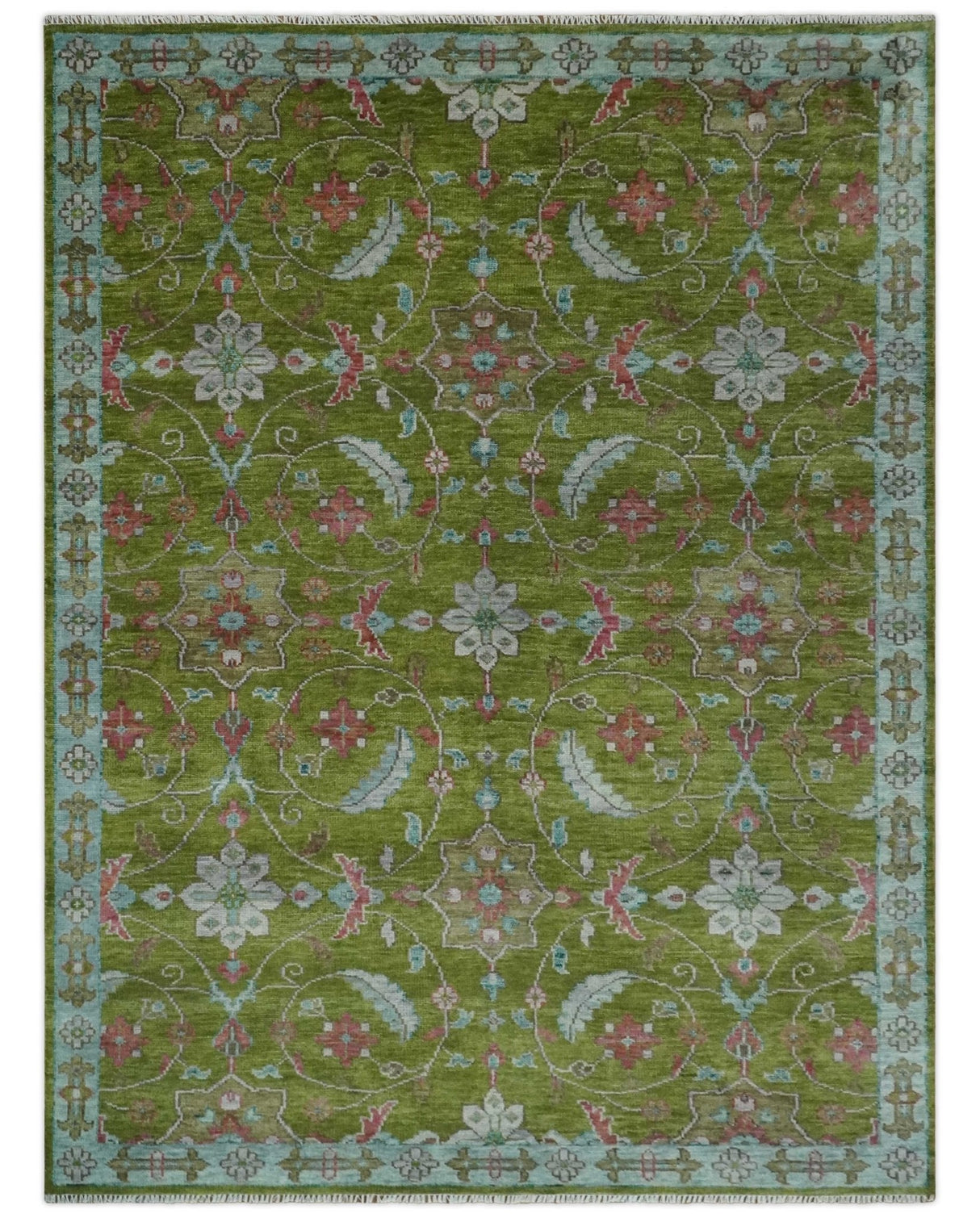 Custom Made Hand Knotted Green, Silver and Maroon Traditional Wool Area Rug
