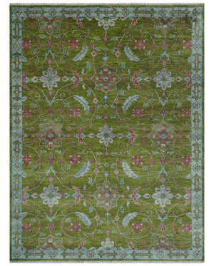 Custom Made Hand Knotted Green, Silver and Maroon Traditional Wool Area Rug