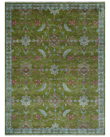 Custom Made Hand Knotted Green, Silver and Maroon Traditional Wool Area Rug