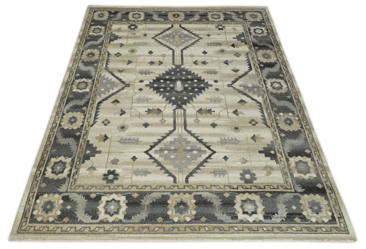 Custom Made Hand Knotted Ivory, Charcoal and Beige Traditional Wool Area Rug