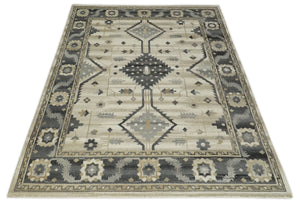 Custom Made Hand Knotted Ivory, Charcoal and Beige Traditional Wool Area Rug