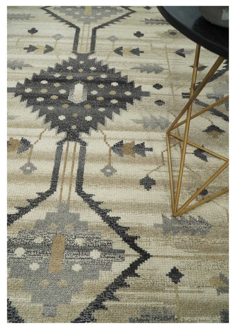 Custom Made Hand Knotted Ivory, Charcoal and Beige Traditional Wool Area Rug