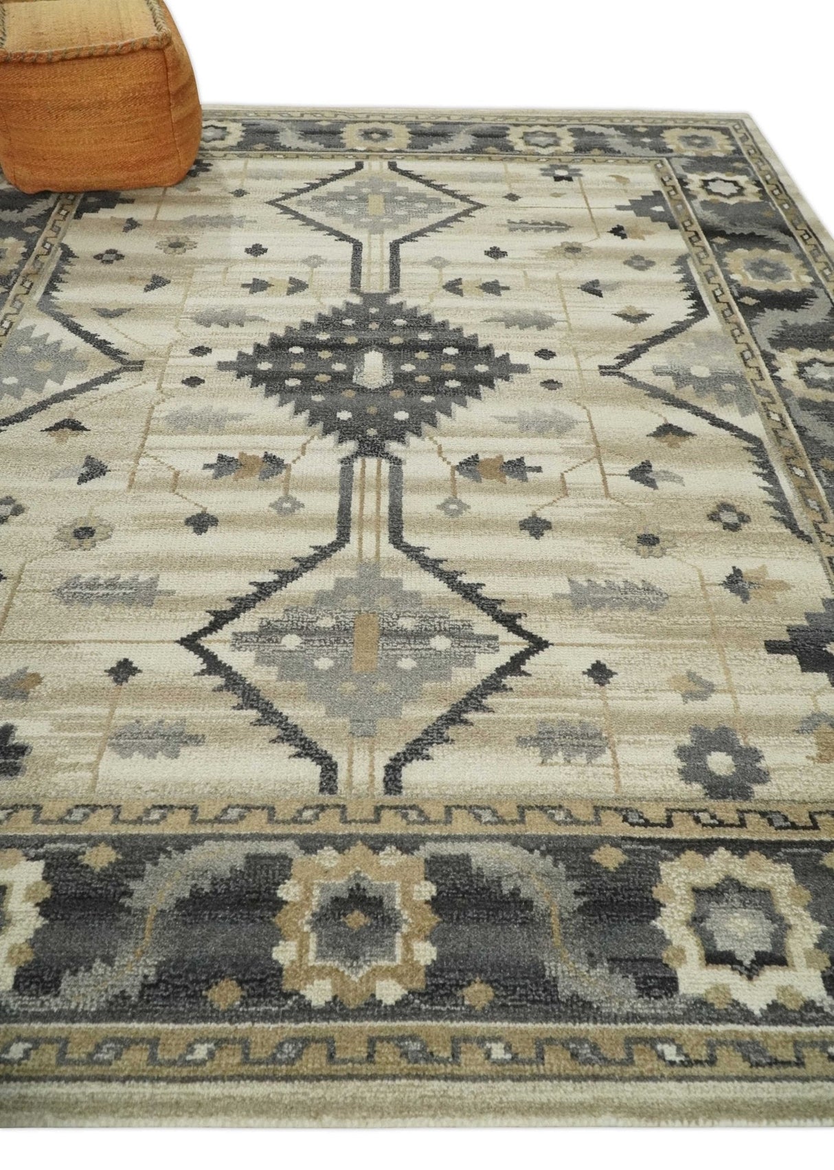 Custom Made Hand Knotted Ivory, Charcoal and Beige Traditional Wool Area Rug