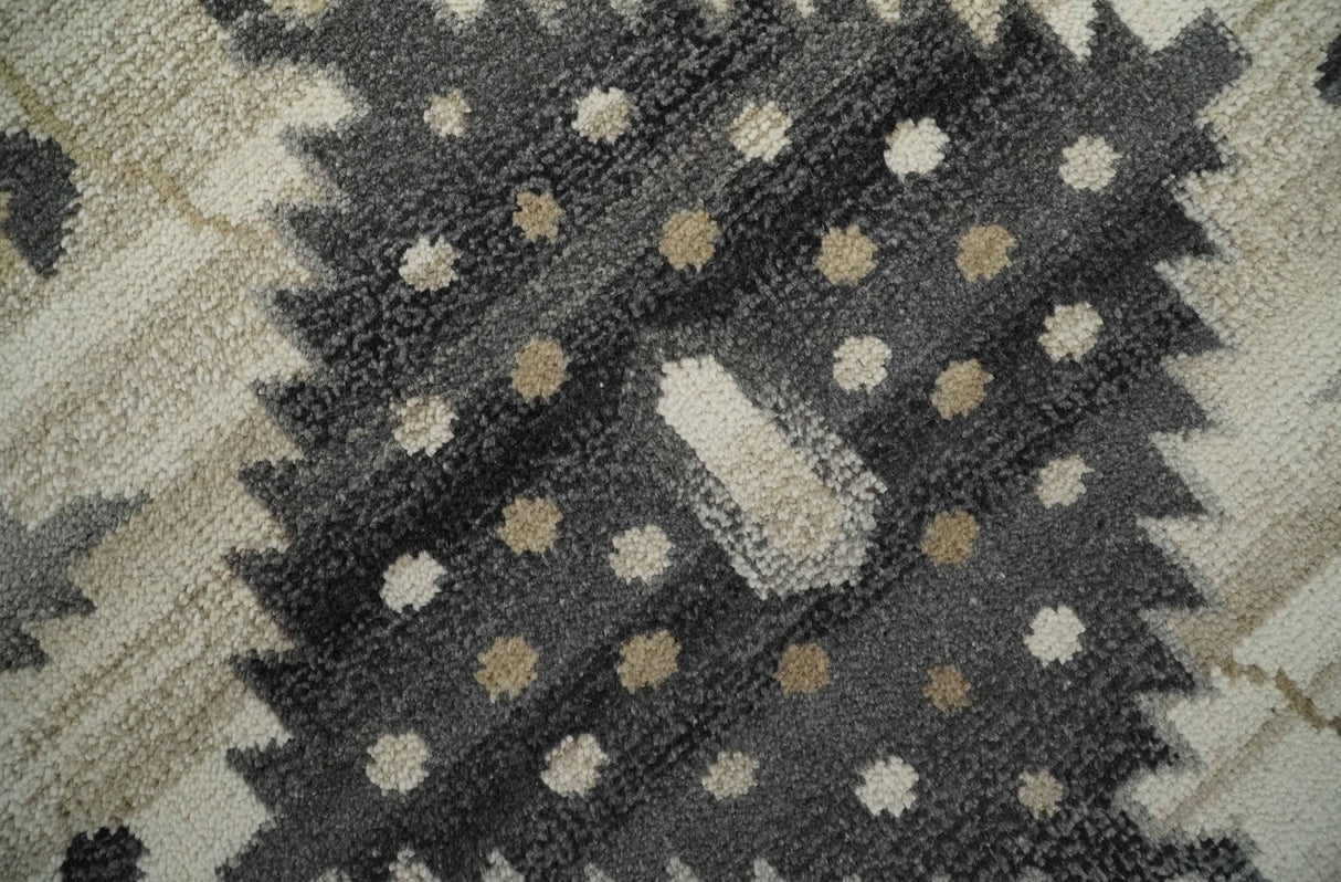 Custom Made Hand Knotted Ivory, Charcoal and Beige Traditional Wool Area Rug
