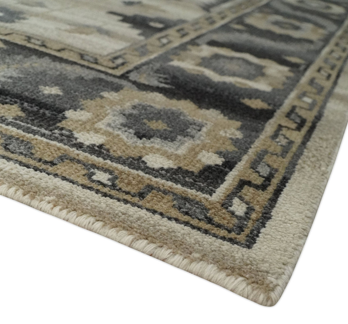 Custom Made Hand Knotted Ivory, Charcoal and Beige Traditional Wool Area Rug