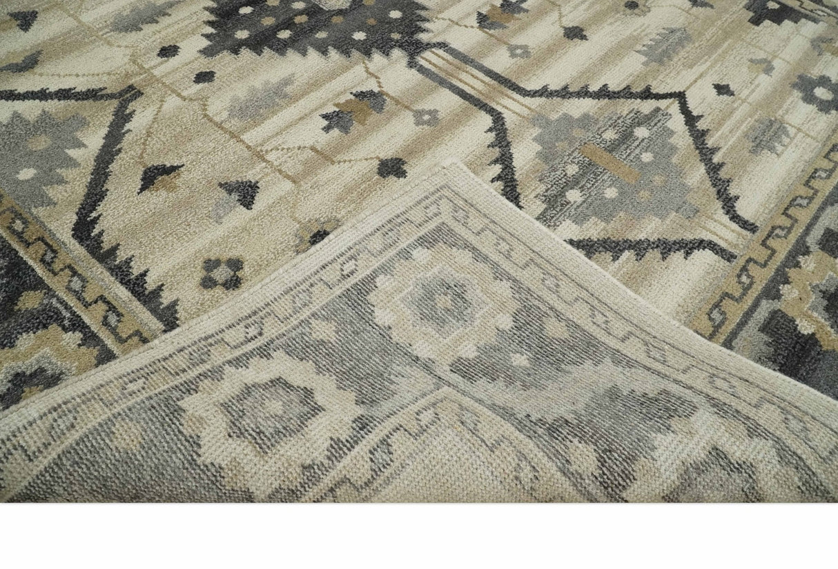 Custom Made Hand Knotted Ivory, Charcoal and Beige Traditional Wool Area Rug