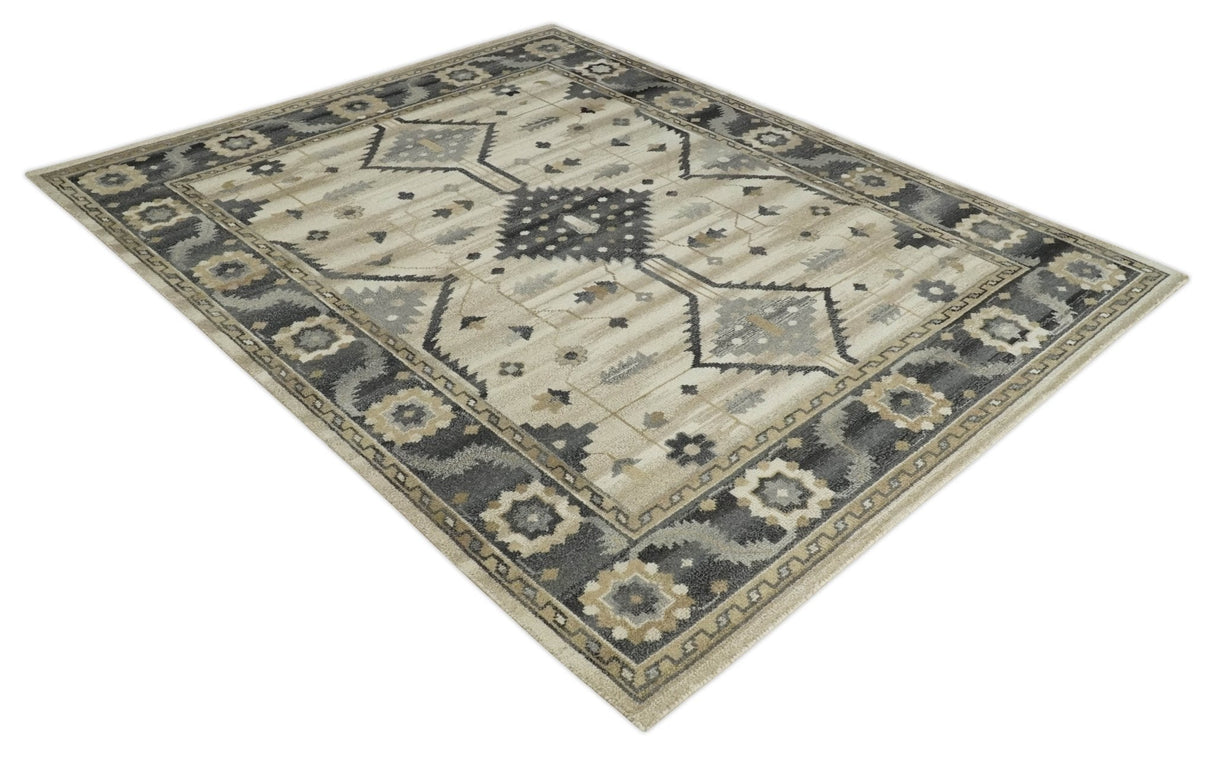 Custom Made Hand Knotted Ivory, Charcoal and Beige Traditional Wool Area Rug