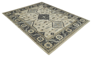 Custom Made Hand Knotted Ivory, Charcoal and Beige Traditional Wool Area Rug