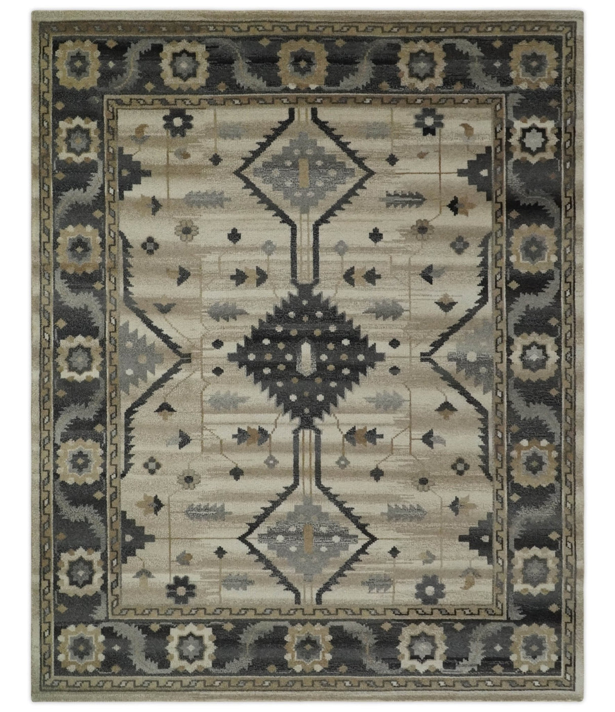 Custom Made Hand Knotted Ivory, Charcoal and Beige Traditional Wool Area Rug