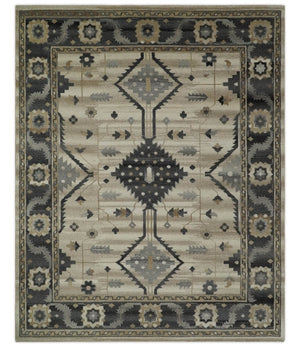 Custom Made Hand Knotted Ivory, Charcoal and Beige Traditional Wool Area Rug