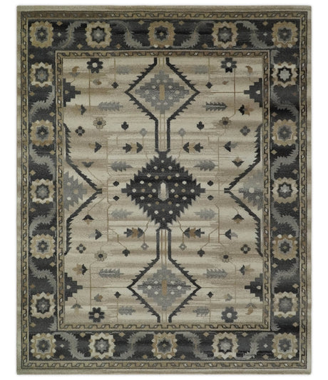 Custom Made Hand Knotted Ivory, Charcoal and Beige Traditional Wool Area Rug