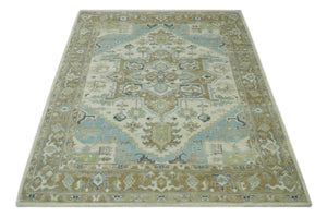 Custom Made Hand Knotted Ivory, Olive and Light Blue Traditional Wool Area Rug