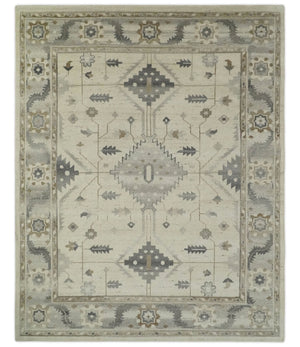 Custom Made Hand Knotted Ivory and Charcoal Traditional Tribal Natural Wool Area Rug, Kids, Living Room and Bedroom Rug