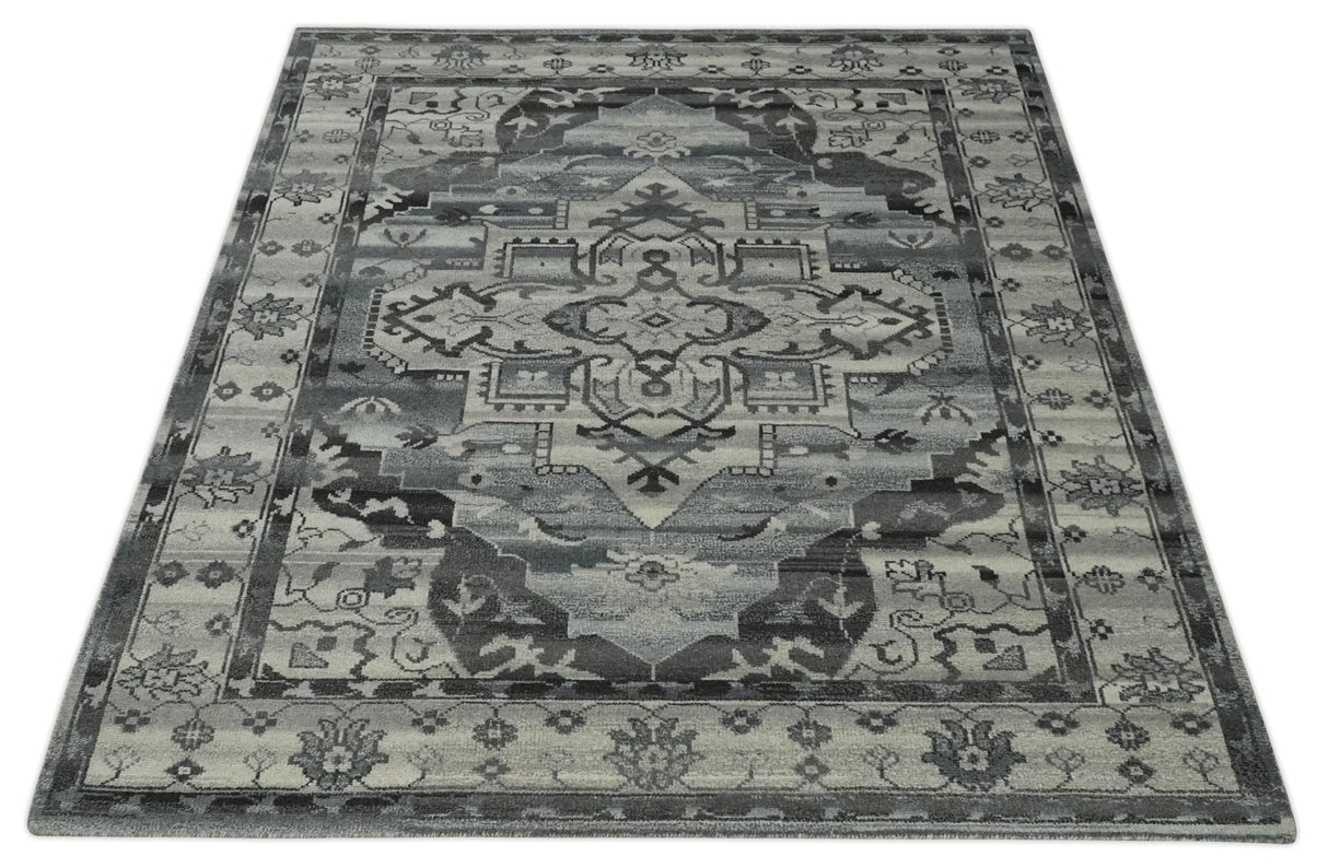 Custom Made Hand Knotted Ivory and Charcoal Traditional Wool Area Rug