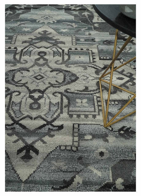Custom Made Hand Knotted Ivory and Charcoal Traditional Wool Area Rug