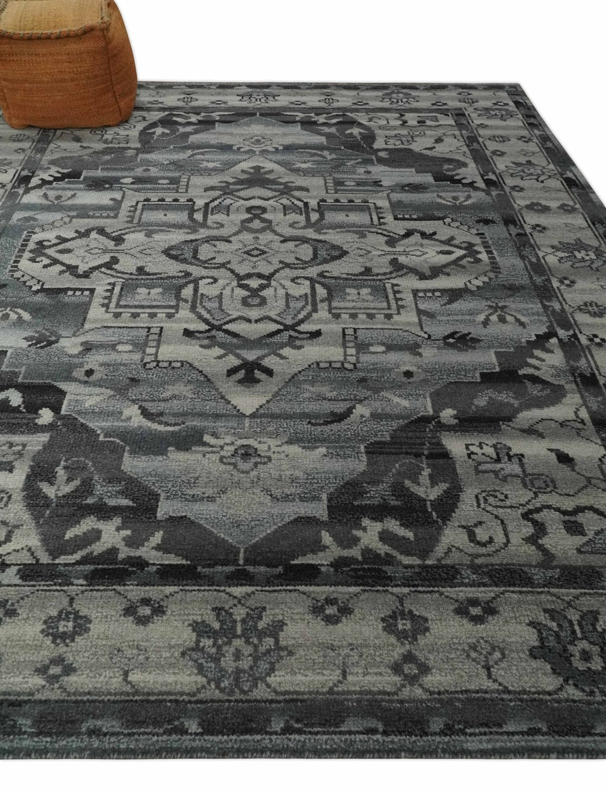 Custom Made Hand Knotted Ivory and Charcoal Traditional Wool Area Rug