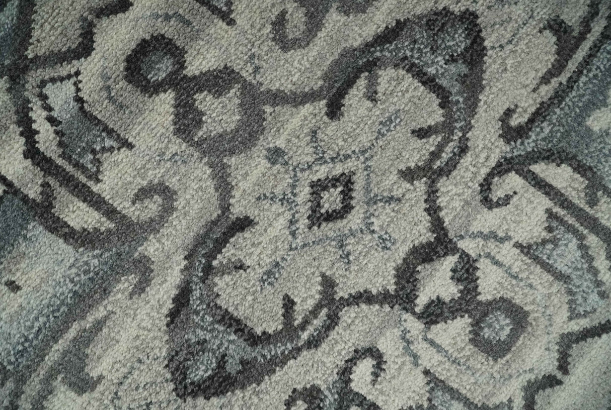 Custom Made Hand Knotted Ivory and Charcoal Traditional Wool Area Rug