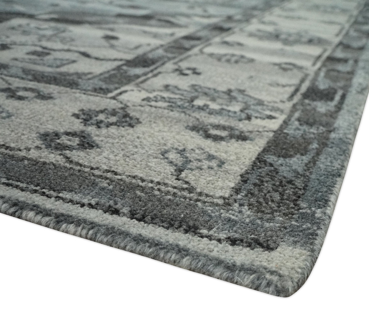 Custom Made Hand Knotted Ivory and Charcoal Traditional Wool Area Rug