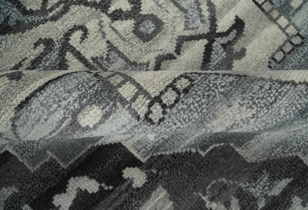 Custom Made Hand Knotted Ivory and Charcoal Traditional Wool Area Rug