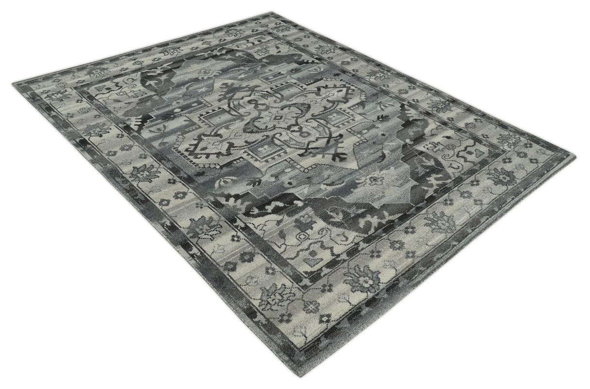 Custom Made Hand Knotted Ivory and Charcoal Traditional Wool Area Rug