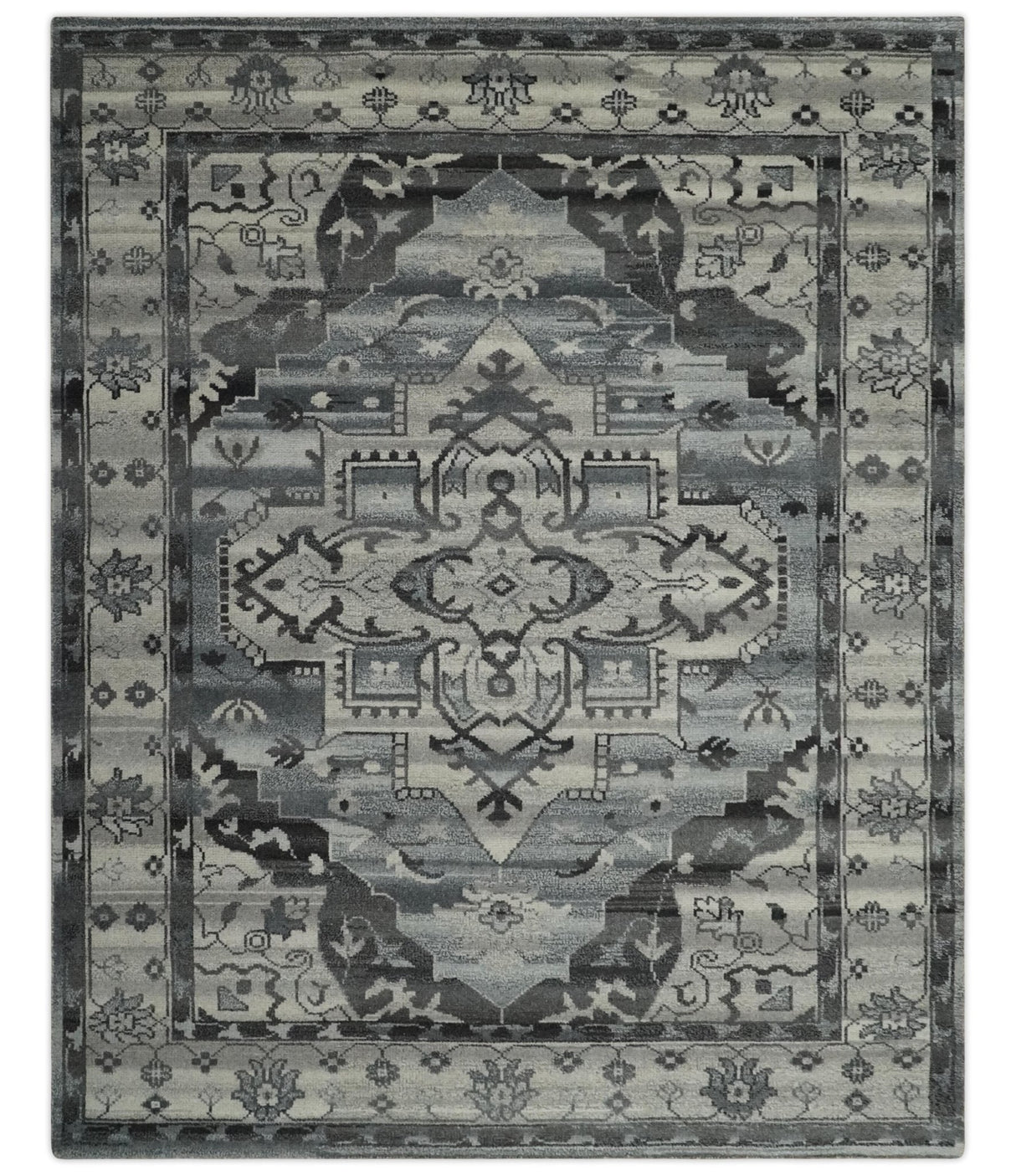 Custom Made Hand Knotted Ivory and Charcoal Traditional Wool Area Rug