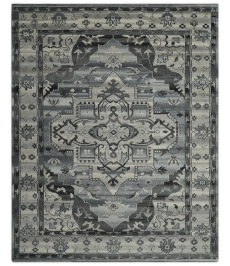 Custom Made Hand Knotted Ivory and Charcoal Traditional Wool Area Rug
