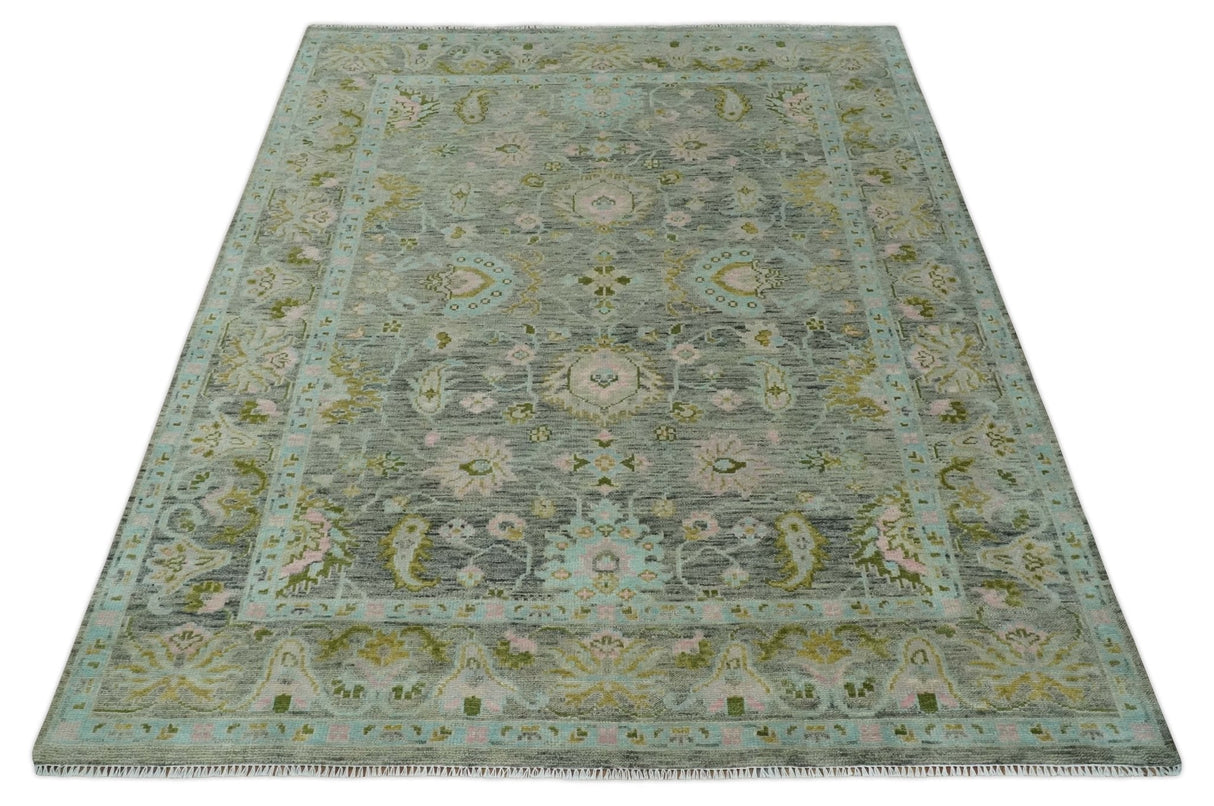 Custom Made Hand Knotted Moss Green Gray and Green Oriental Oushak Multi Size Traditional Wool Area Rug