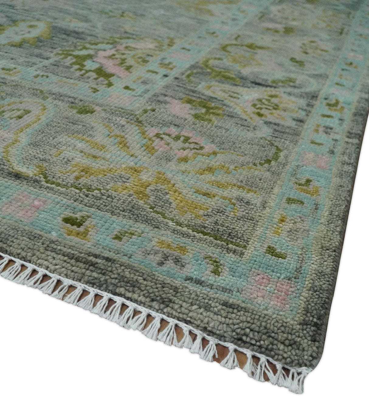 Custom Made Hand Knotted Moss Green Gray and Green Oriental Oushak Multi Size Traditional Wool Area Rug
