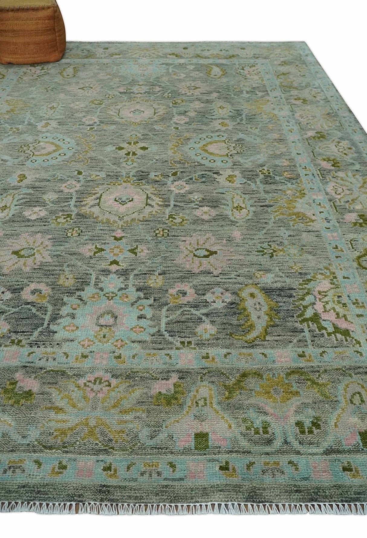 Custom Made Hand Knotted Moss Green Gray and Green Oriental Oushak Multi Size Traditional Wool Area Rug