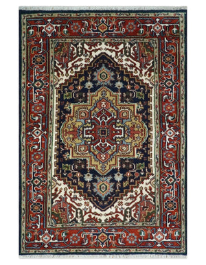 Custom Made Hand Knotted Multi Size Large Olive, Blue, Ivory and Rust Traditional Wool Rug