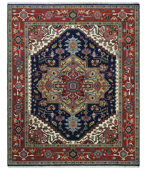 Custom Made Hand Knotted Multi Size Large Olive, Blue, Ivory and Rust Traditional Wool Rug