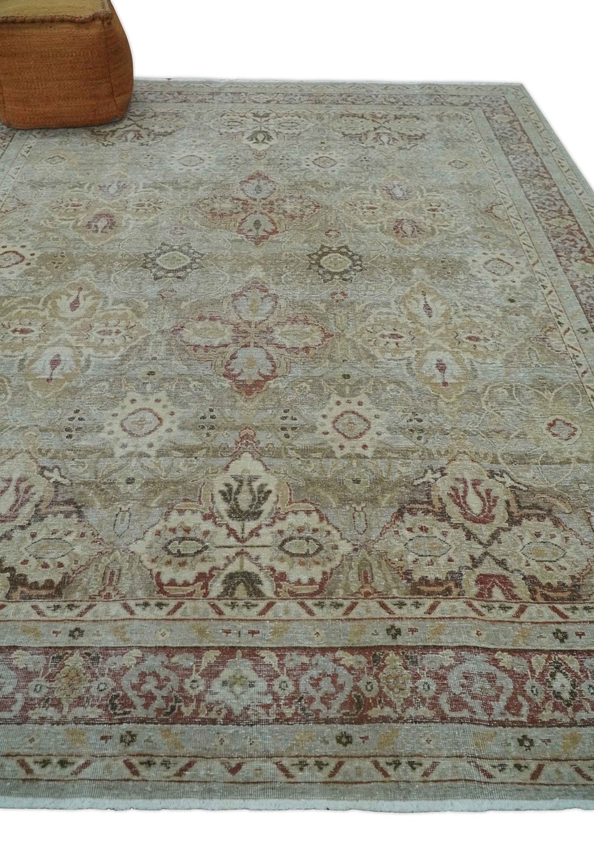 Custom Made Hand Knotted Olive and Rust Distressed Traditional Antique Look Wool Rug